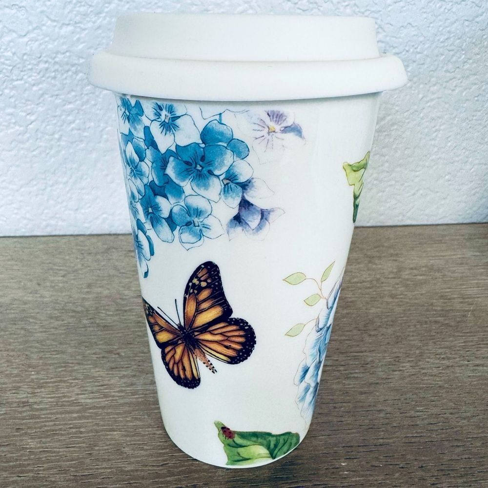 Lenox Butterfly Meadow Ceramic Floral Tumbler Lidded Mug Cup